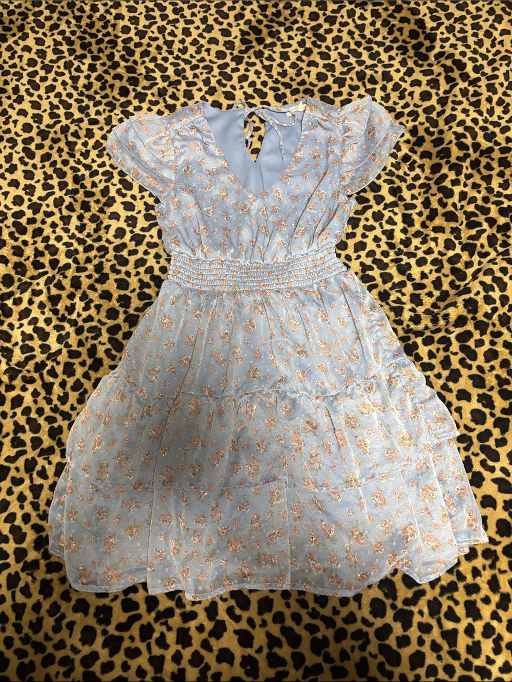 Blue Floral Women’s M Ruffle Sleeve Dress